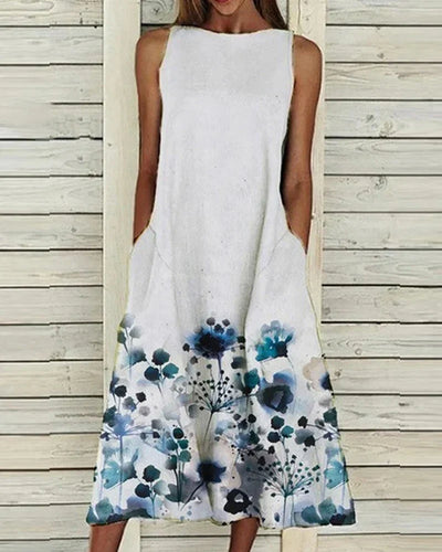 Barbara | Damen Ärmelloses Rundhals Blumen Midi Kleid