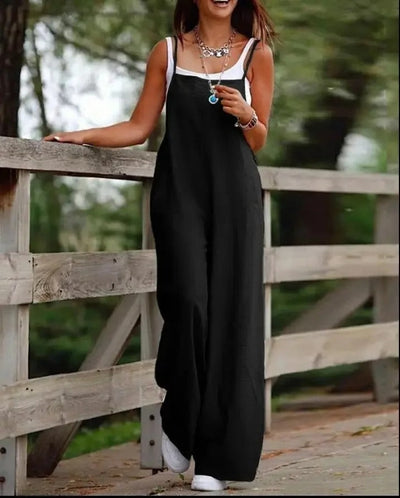 Elfriede | Damen Leinenjumpsuit Latzhose Wide-Leg-Pants Träger Hosenanzug