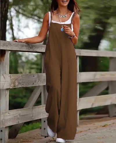 Elfriede | Damen Leinenjumpsuit Latzhose Wide-Leg-Pants Träger Hosenanzug