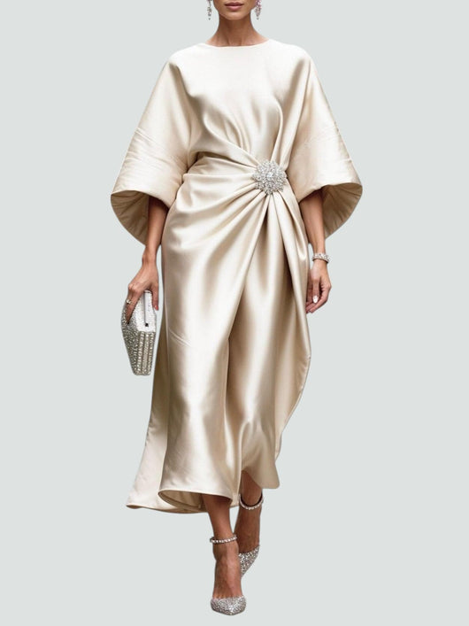 Martina | Damen Elegantes Drapiertes Maxi Kleid Mit Brosche