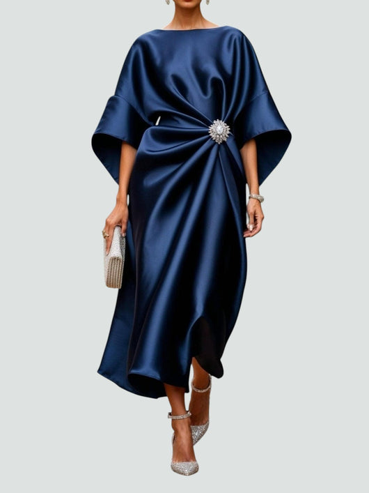 Martina | Damen Elegantes Drapiertes Maxi Kleid Mit Brosche