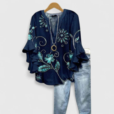 Viviane | Damen Blumen Rüschenärmel Casual Top