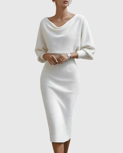 Ismeria | Weißes drapiertes Midikleid mit Fledermausärmeln