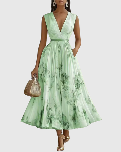 Isabella | Damen Ärmelloses Geplissiertes Blumen Midi Kleid