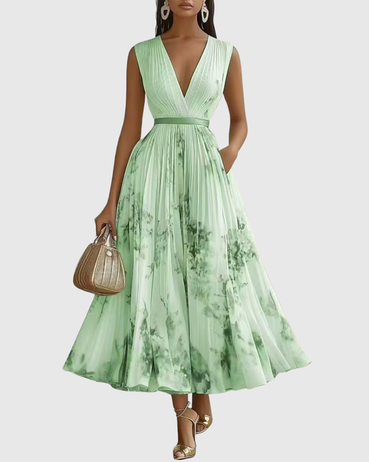 Isabella | Damen Ärmelloses Geplissiertes Blumen Midi Kleid