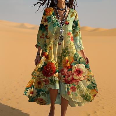 Eva | Damen Vintage Boho V-Ausschnitt Sommerkleid