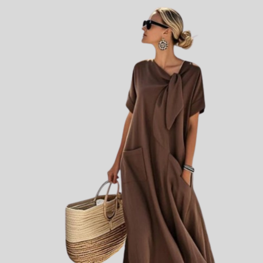 Elisa | Damen Lockeres Taschen Bindekragen Midi Kleid
