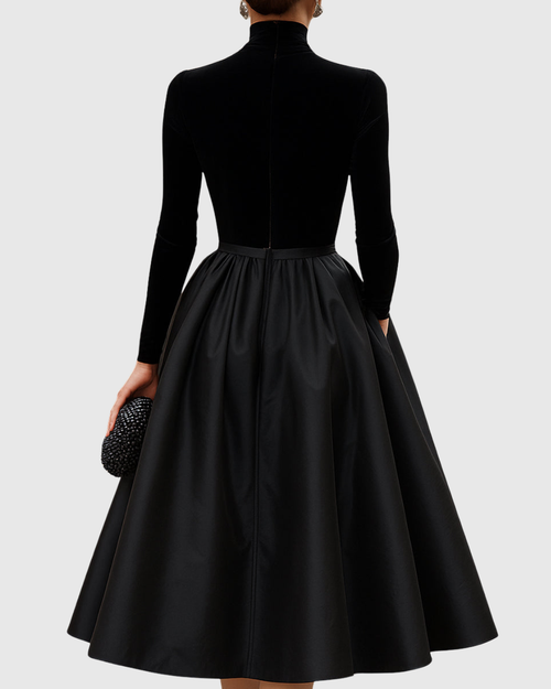 Aradia | Elegantes schwarzes Midikleid aus Samt und Satin