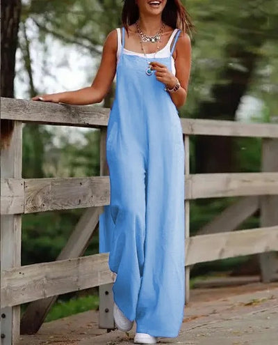 Elfriede | Damen Leinenjumpsuit Latzhose Wide-Leg-Pants Träger Hosenanzug