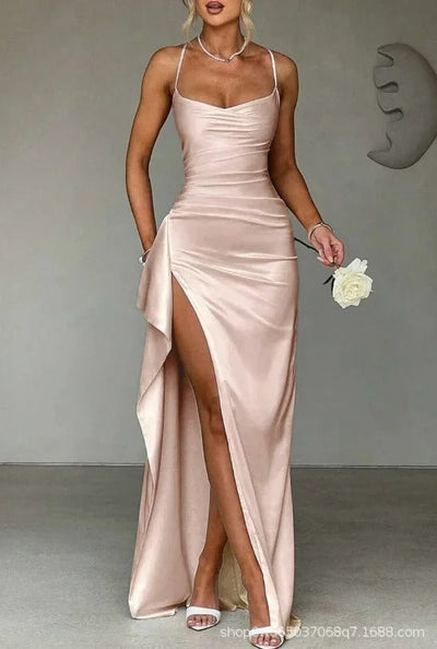Mia | Damen Geraffte Herzausschnitt Bodycon Satin Maxikleid mit Schlitz