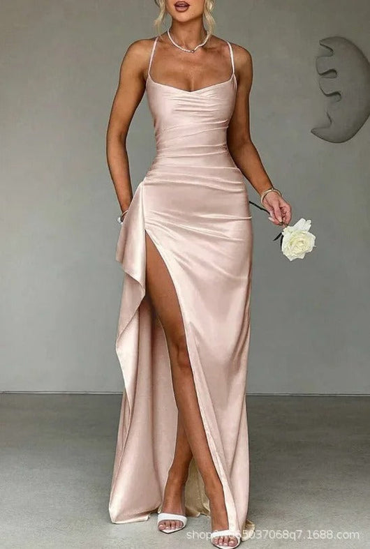 Mia | Damen Geraffte Herzausschnitt Bodycon Satin Maxikleid mit Schlitz