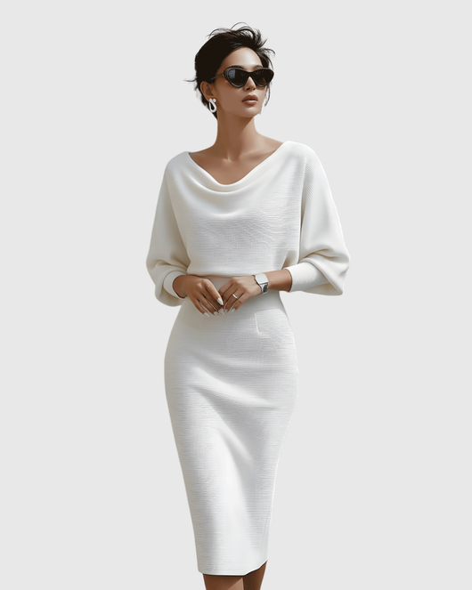 Ismeria | Weißes drapiertes Midikleid mit Fledermausärmeln