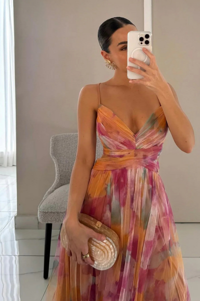 Selina | Damen Falten-Maxi-Kleid