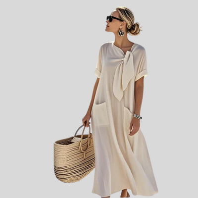 Elisa | Damen Lockeres Taschen Bindekragen Midi Kleid