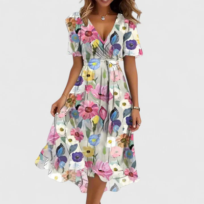 Helga | Damen Blumen V-Ausschnitt Midi Kleid
