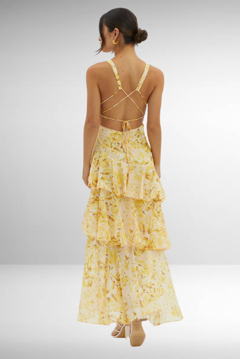 Emilia | Damen Elegantes Geblümtes Stufen-Maxikleid