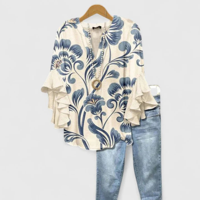 Viviane | Damen Blumen Rüschenärmel Casual Top