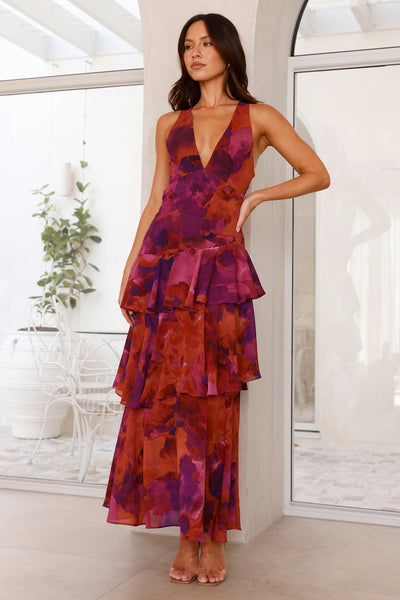 Emilia | Damen Elegantes Geblümtes Stufen-Maxikleid
