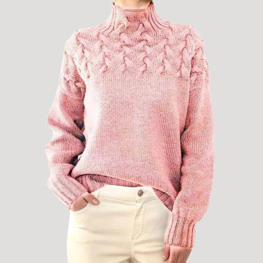 Nicole | Damen Frühlings Strickpullover mit Zopfmuster und hohem Kragen