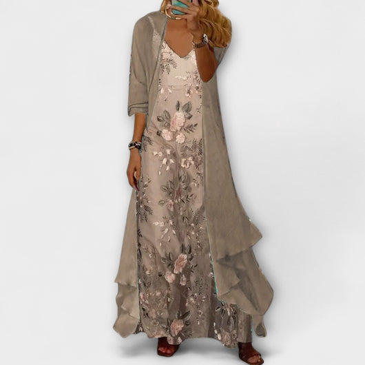 Eva | Damen Blumen V-Ausschnitt Geschichtetes Maxi Kleid