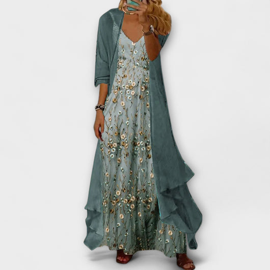 Eva | Damen Blumen V-Ausschnitt Geschichtetes Maxi Kleid