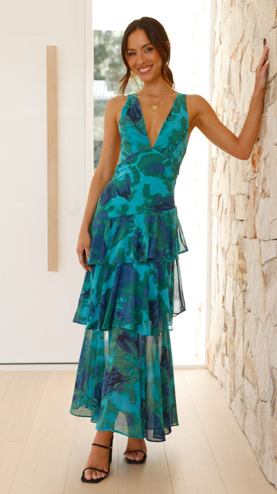 Emilia | Damen Elegantes Geblümtes Stufen-Maxikleid