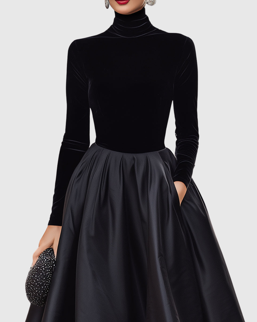 Aradia | Elegantes schwarzes Midikleid aus Samt und Satin
