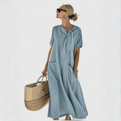 Elisa | Damen Lockeres Taschen Bindekragen Midi Kleid