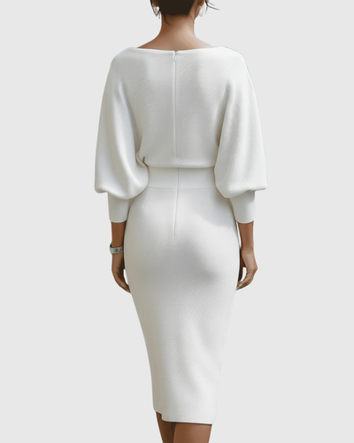 Ismeria | Weißes drapiertes Midikleid mit Fledermausärmeln