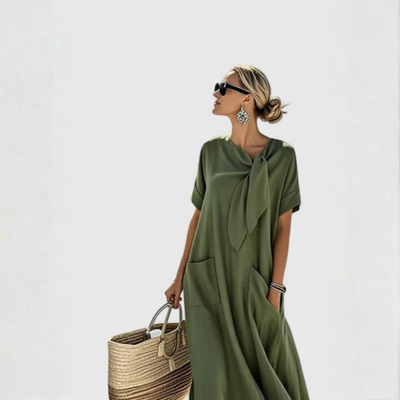 Elisa | Damen Lockeres Taschen Bindekragen Midi Kleid