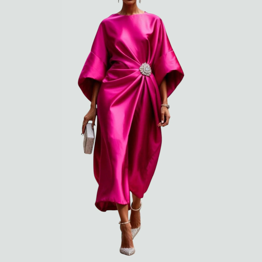 Michaela | Damen Drapiertes Fledermausärmel Midi Kleid