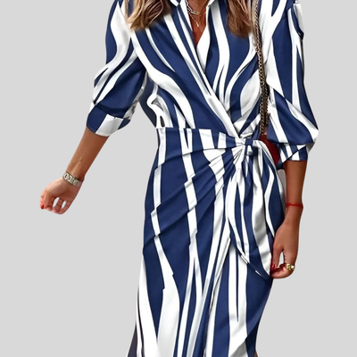 Gudrun | Damen Gestreiftes Wickel Midi Kleid