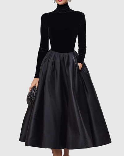 Aradia | Elegantes schwarzes Midikleid aus Samt und Satin