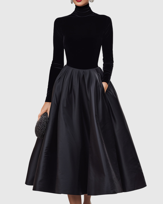 Aradia | Elegantes schwarzes Midikleid aus Samt und Satin