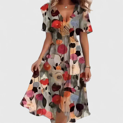 Helga | Damen Blumen V-Ausschnitt Midi Kleid
