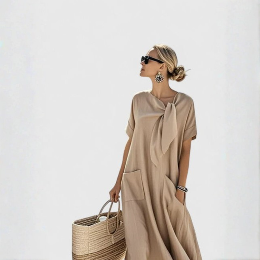 Elisa | Damen Lockeres Taschen Bindekragen Midi Kleid