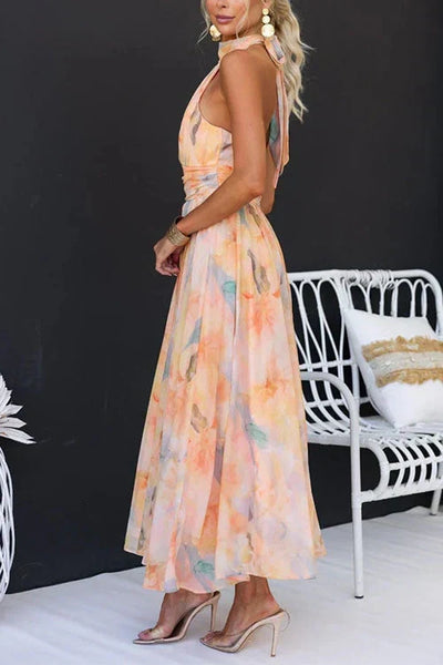 Claudia | Damen Sommer Halter Blumen Maxi Kleid