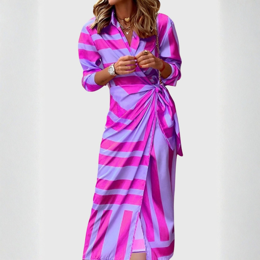 Gudrun | Damen Gestreiftes Wickel Midi Kleid