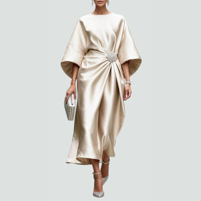 Michaela | Damen Drapiertes Fledermausärmel Midi Kleid