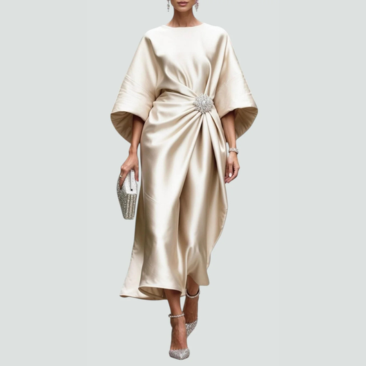 Michaela | Damen Drapiertes Fledermausärmel Midi Kleid