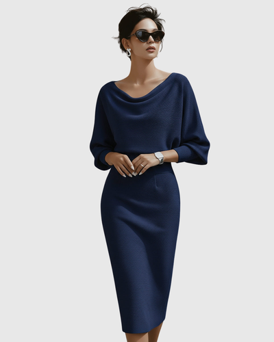 Ismeria | Weißes drapiertes Midikleid mit Fledermausärmeln