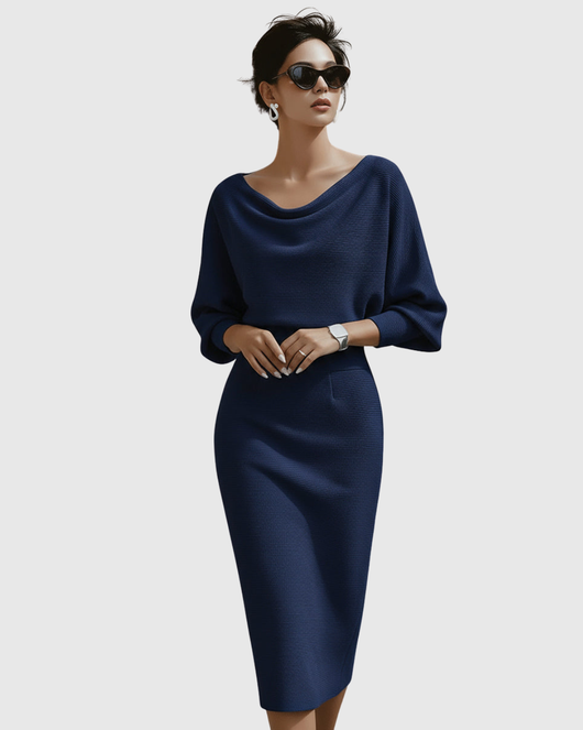 Ismeria | Weißes drapiertes Midikleid mit Fledermausärmeln
