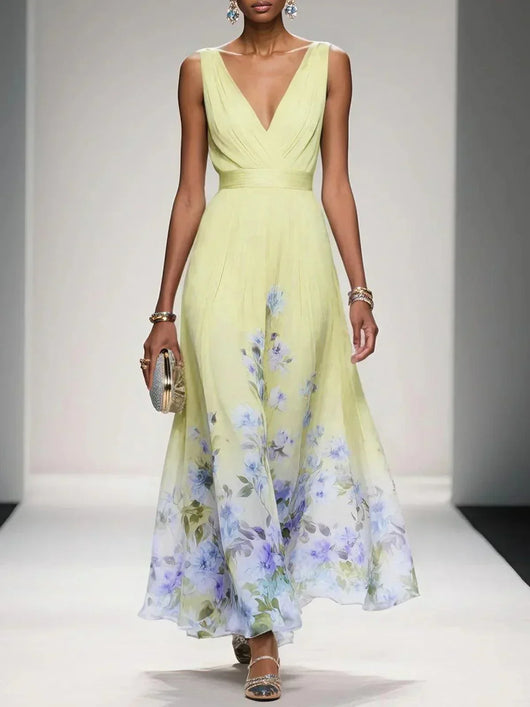 Carolin | Damen Florales Chiffon Sommer Maxikleid
