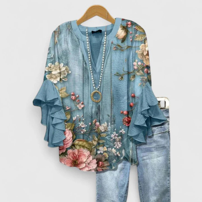 Viviane | Damen Blumen Rüschenärmel Casual Top
