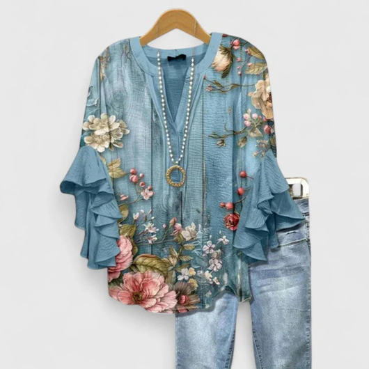 Viviane | Damen Blumen Rüschenärmel Casual Top
