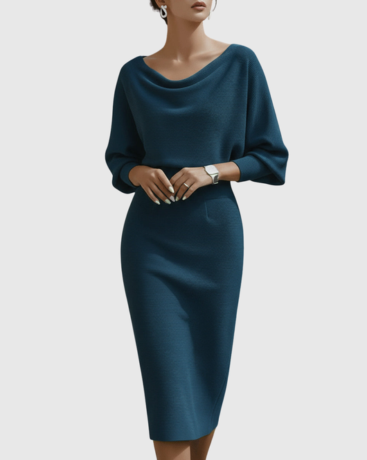 Ismeria | Weißes drapiertes Midikleid mit Fledermausärmeln