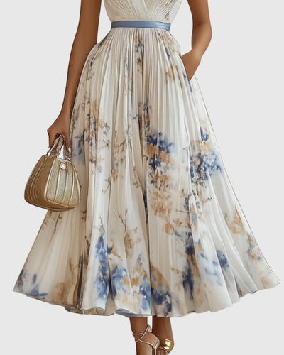 Isabella | Damen Ärmelloses Geplissiertes Blumen Midi Kleid