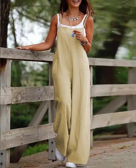 Elfriede | Damen Leinenjumpsuit Latzhose Wide-Leg-Pants Träger Hosenanzug