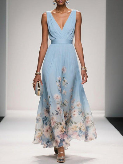 Carolin | Damen Florales Chiffon Sommer Maxikleid