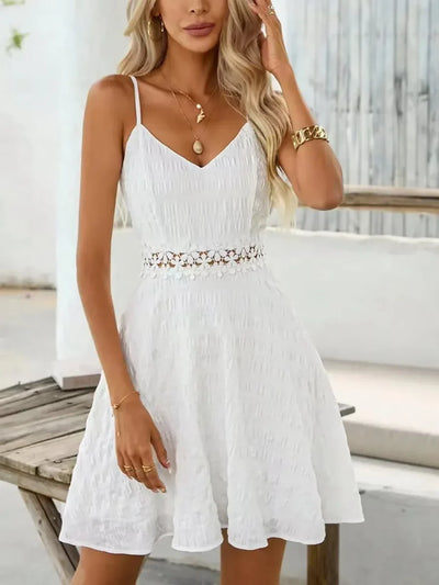Marie | Damen Spaghettiträger Cocktailkleid mit Blumenspaille A-Linie Mini